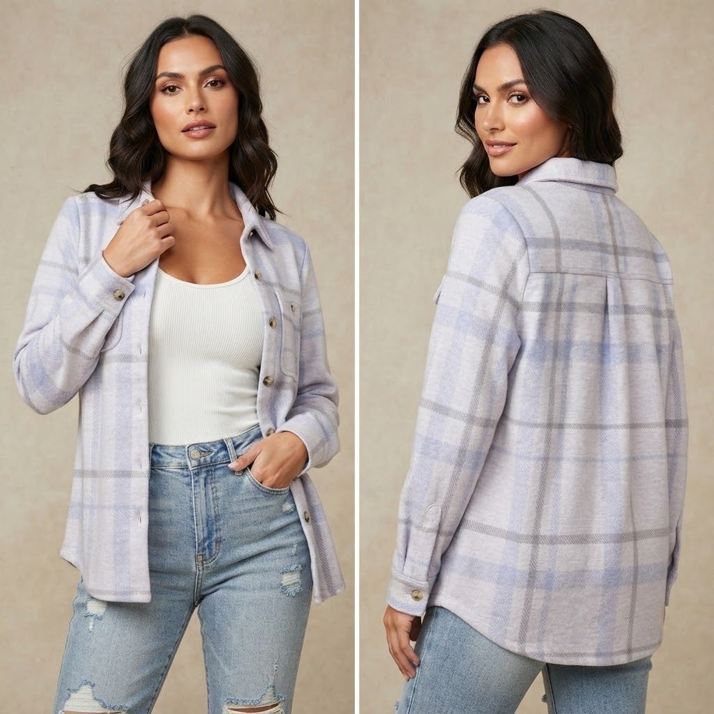 Altar'd State Womens Shacket Small Dusty Blue Plaid Flannel Button Down Shirt